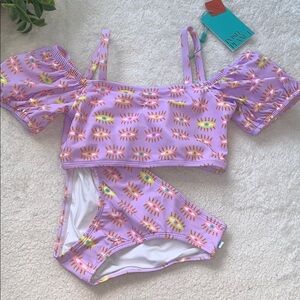 NWT Posh Peanut Cleo Puff Sleeve Two-Piece Swimsuit Purple Eye Bikini Set 6T